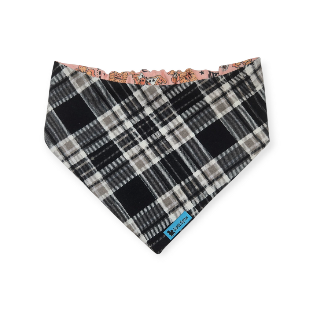 Retro Trick-or-Treat/Black & Gray Plaid Reversible Slip-on Scrunchie Bandana (Medium/Large)