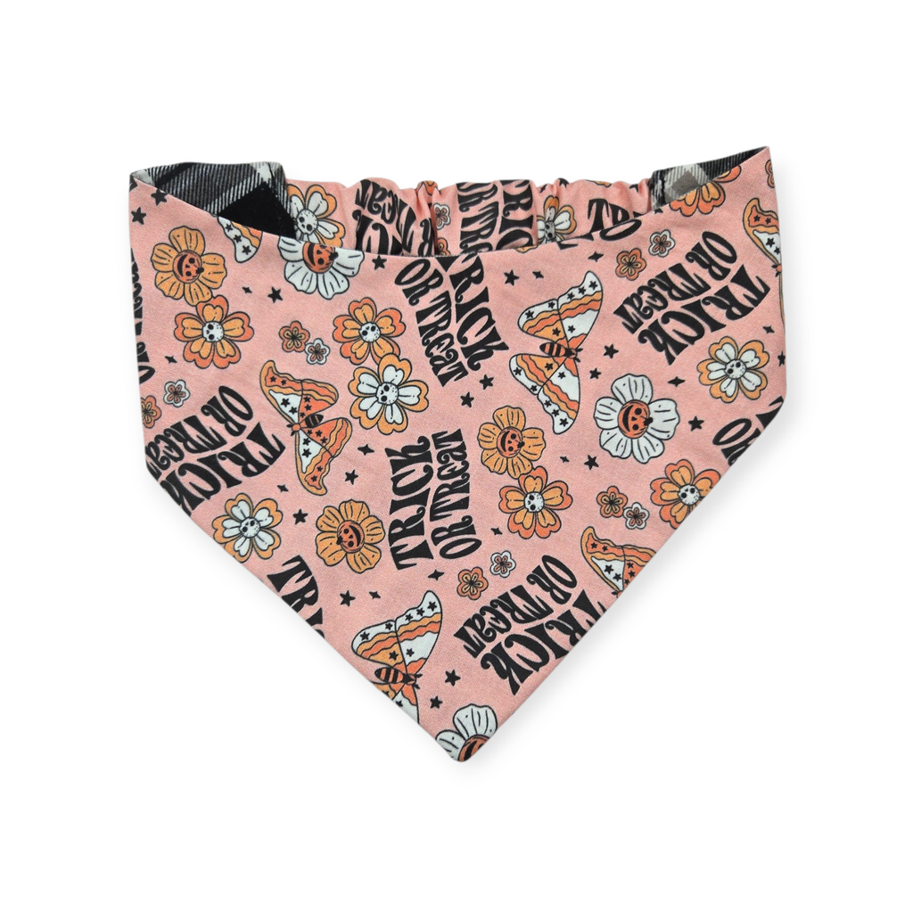 Retro Trick-or-Treat/Black & Gray Plaid Reversible Slip-on Scrunchie Bandana (Small)
