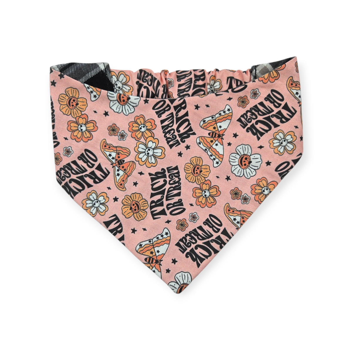 Retro Trick-or-Treat/Black & Gray Plaid Reversible Slip-on Scrunchie Bandana (Small)