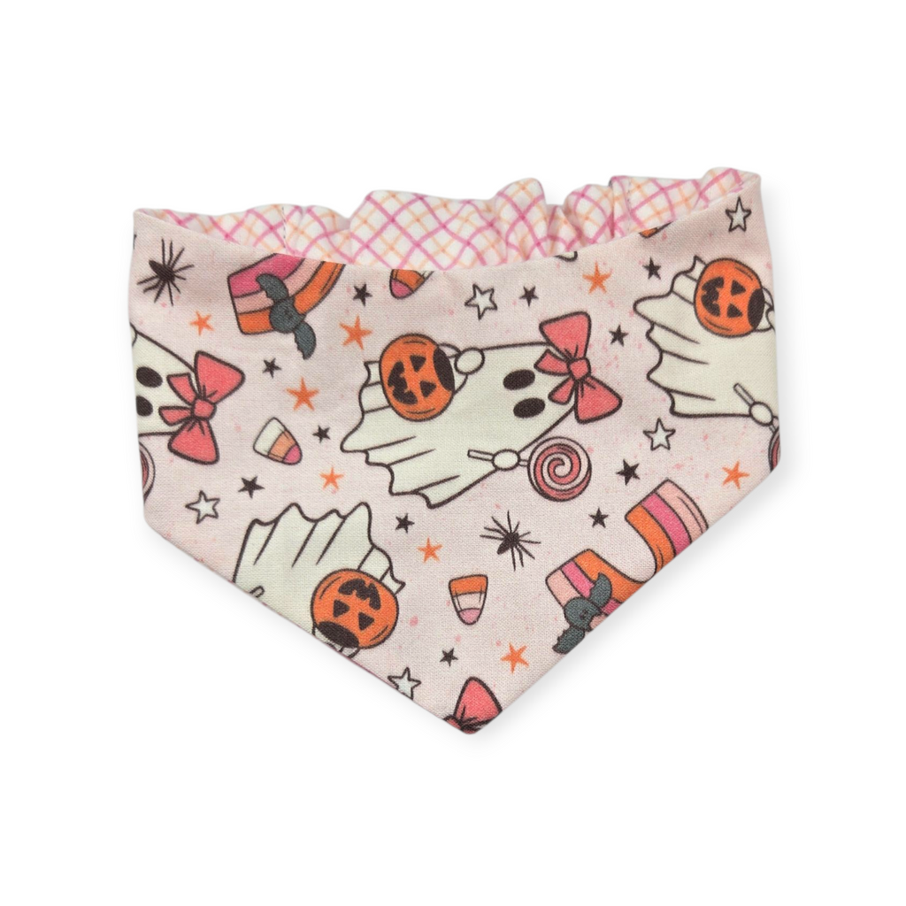 Spooky Cute Ghost/Pink Plaid Reversible Slip-on Scrunchie Bandana (Small)