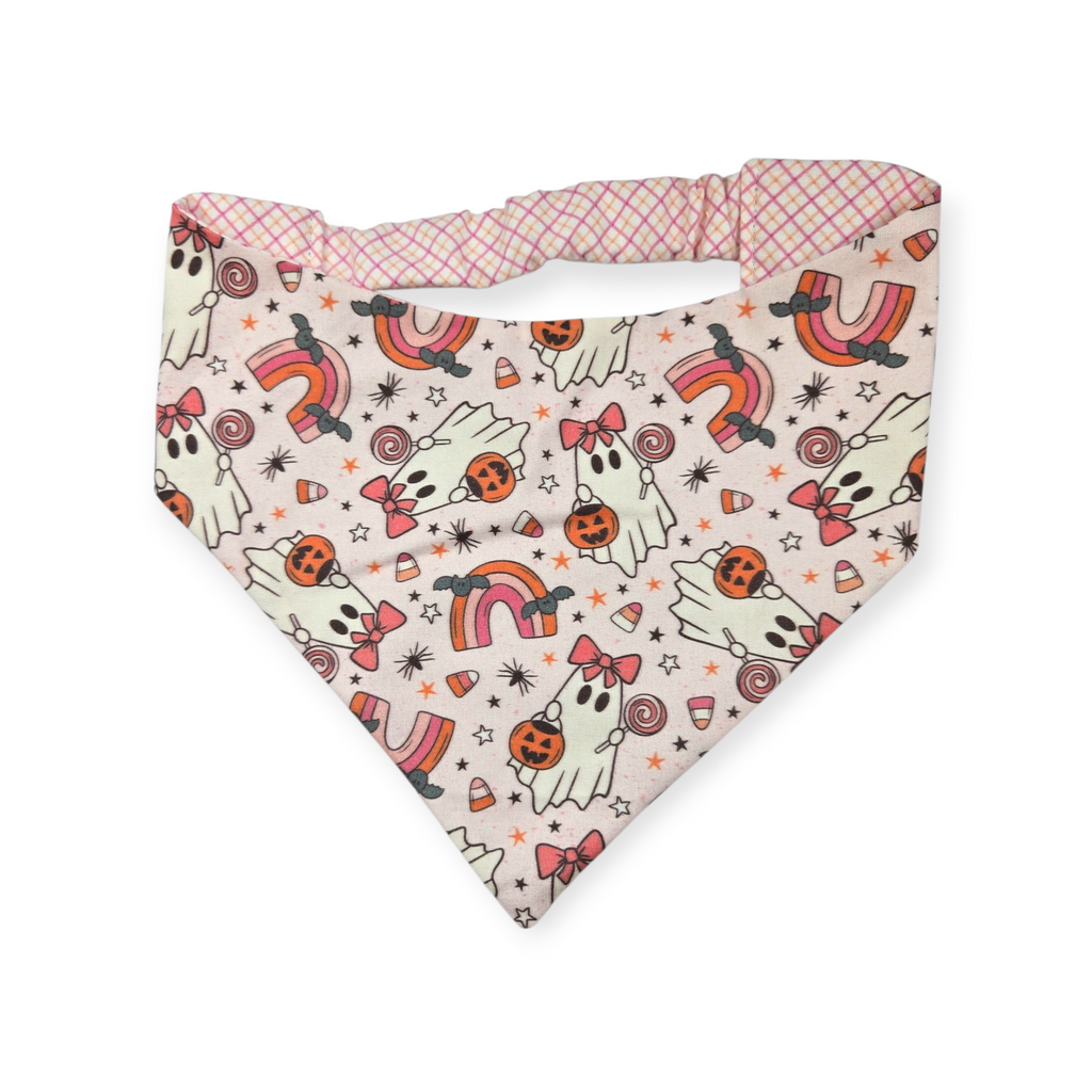 Spooky Cute Ghost/Pink Plaid Slip-on Scrunchie Bandana (Medium)