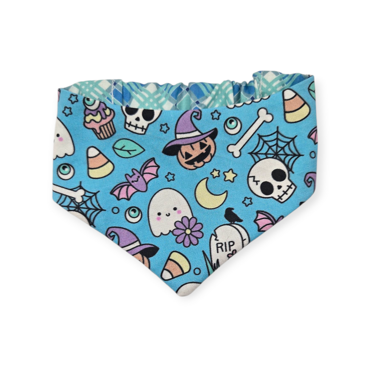 Pastel Halloween Charm/Blue Plaid Reversible Slip-on Scrunchie Bandana (Small)