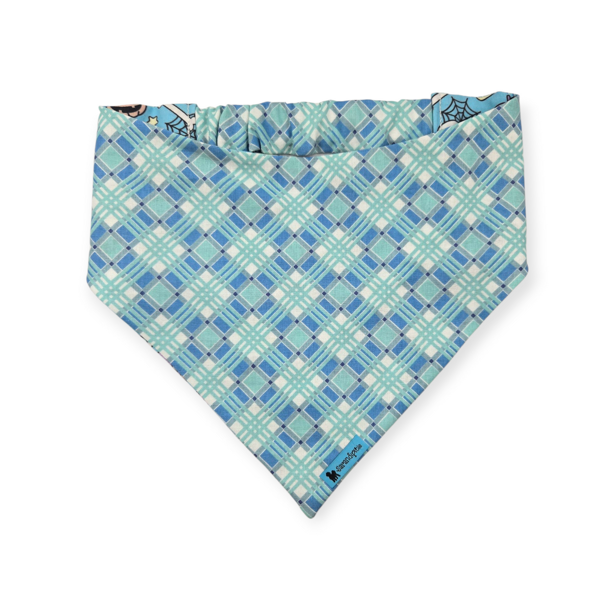Pastel Halloween Charm/Blue Plaid Reversible Slip-on Scrunchie Bandana (Medium/Large)