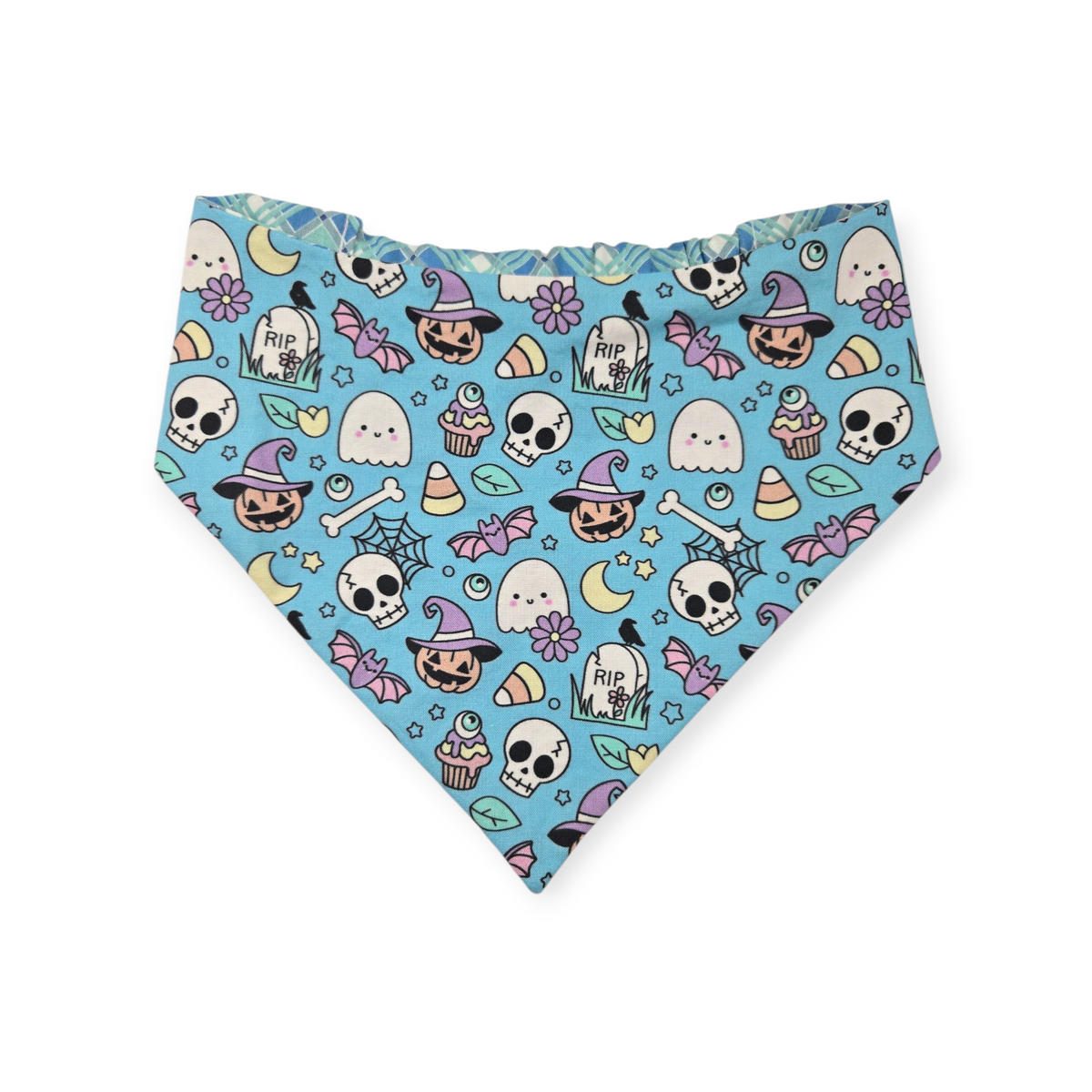 Pastel Halloween Charm/Blue Plaid Reversible Slip-on Scrunchie Bandana (Large/X-Large)