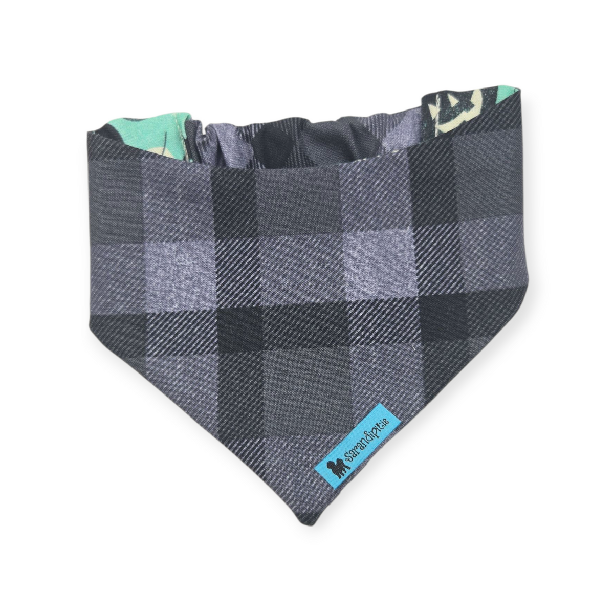 Pumpkins & Ghosts/Charcoal Plaid Reversible Slip-on Scrunchie Bandana (X-Small/Small)