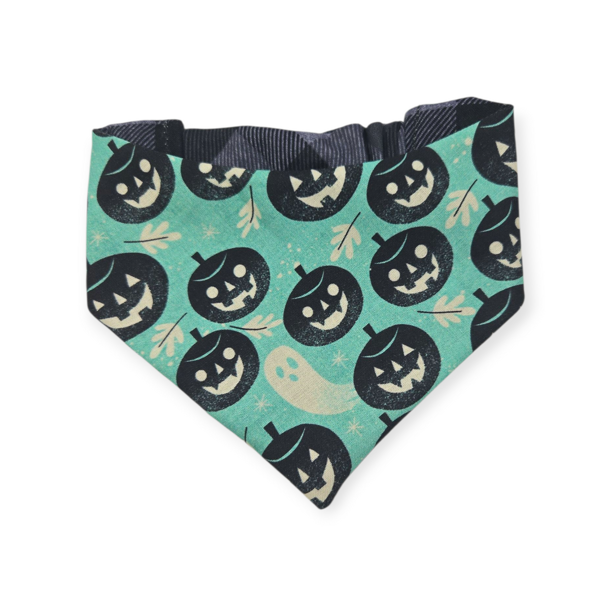 Pumpkins & Ghosts/Charcoal Plaid Reversible Slip-on Scrunchie Bandana (X-Small/Small)
