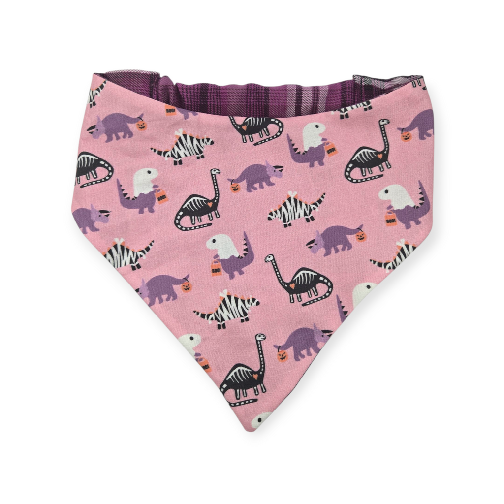 Halloween Dinosaurs/Orchid Plaid Reversible Slip-on Scrunchie Bandana (Large)