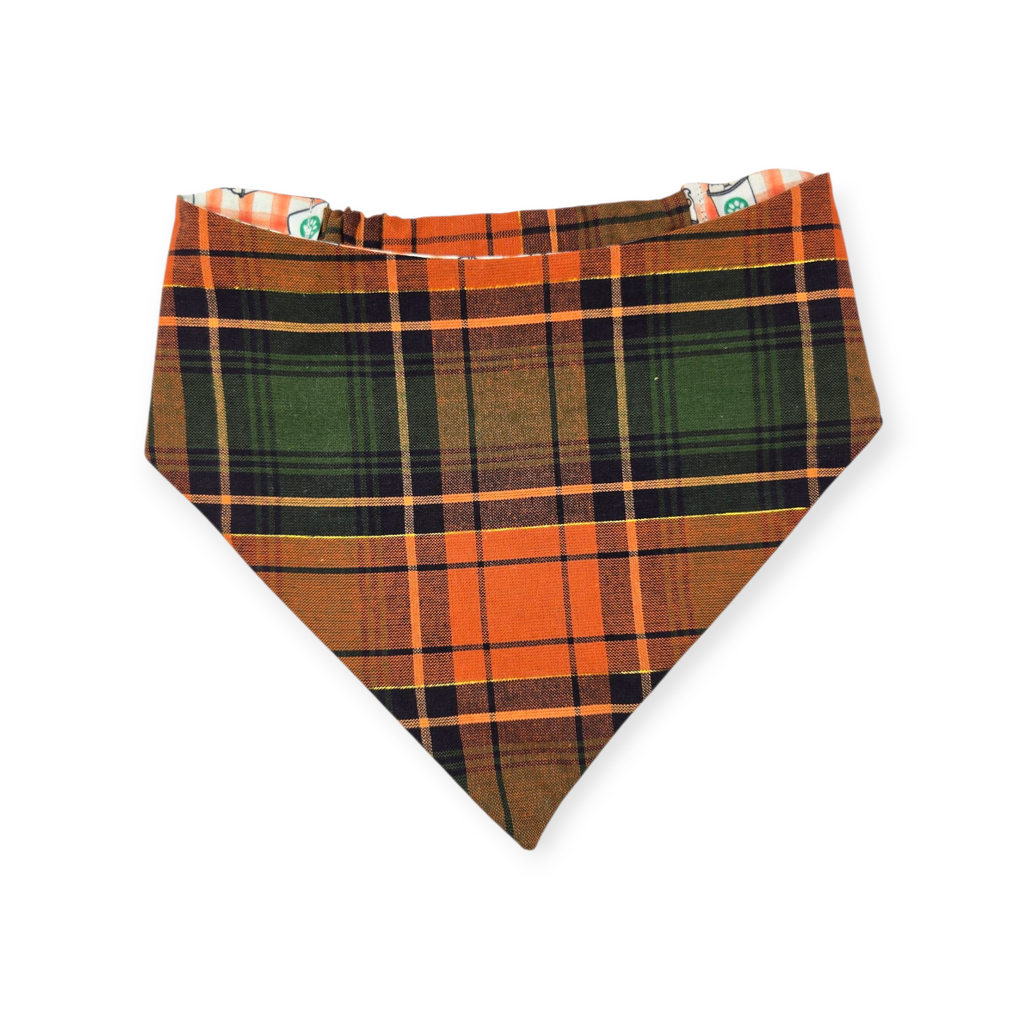 Pumpkin Spice Pup Cup/Green & Orange Plaid Reversible Slip-on Scrunchie Bandana (Medium/Large)