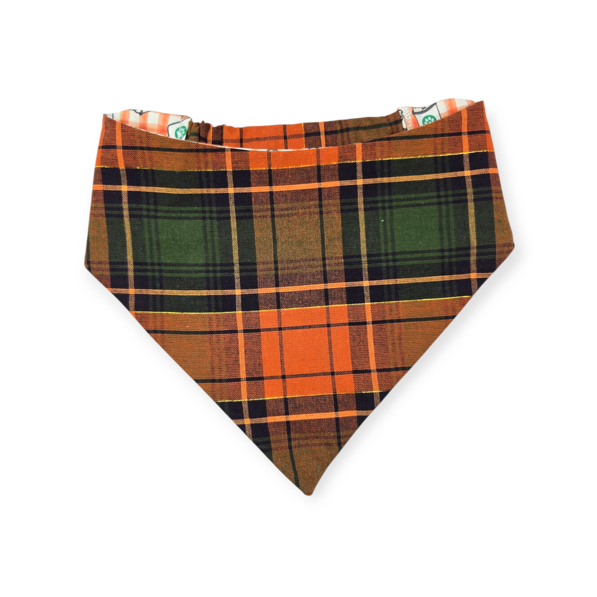 Pumpkin Spice Pup Cup/Green & Orange Plaid Reversible Slip-on Scrunchie Bandana (Large/X-Large)
