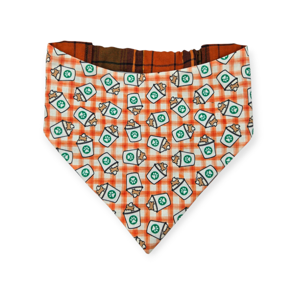 Pumpkin Spice Pup Cup/Green & Orange Plaid Reversible Slip-on Scrunchie Bandana (Medium/Large)