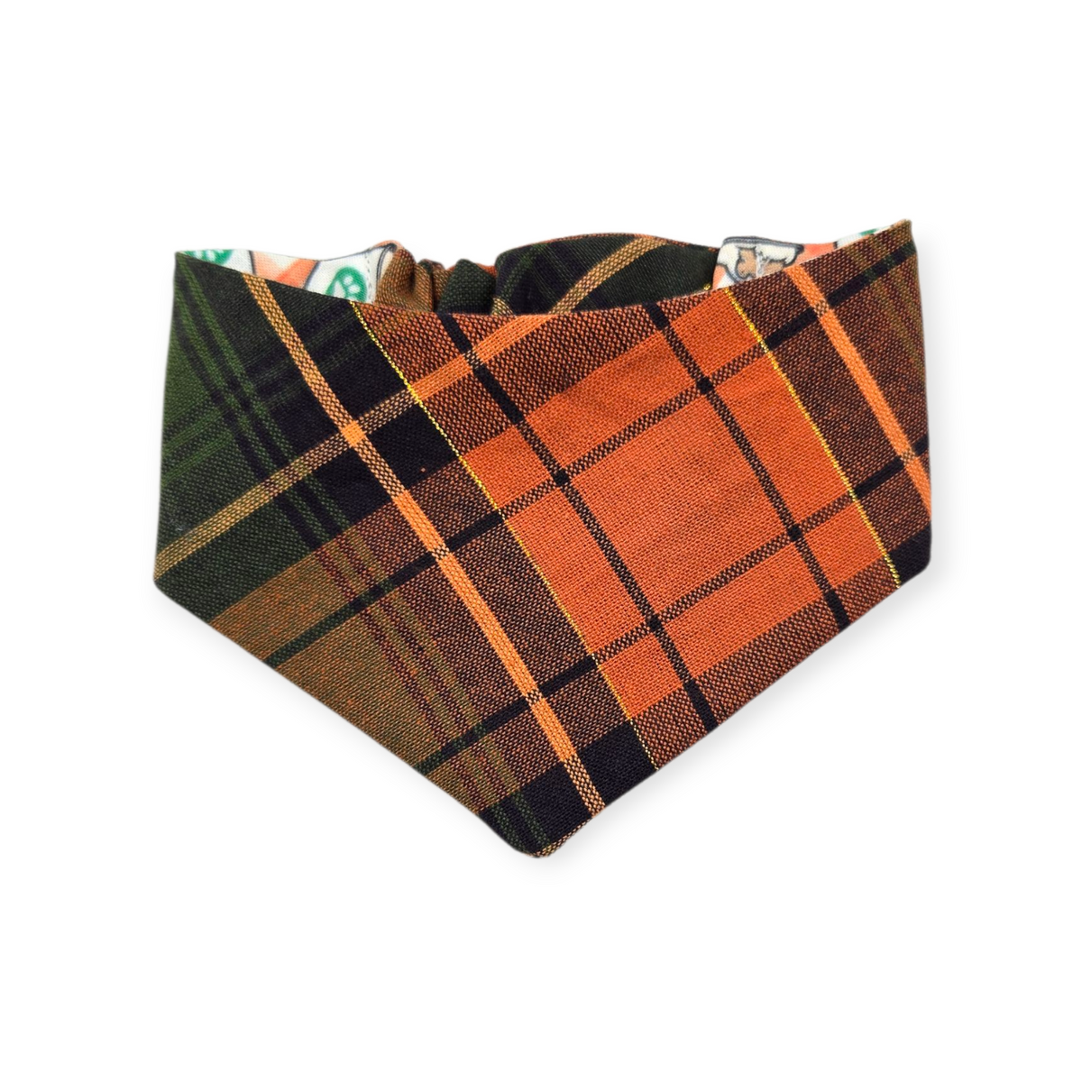 Pumpkin Spice Pup Cup/Green & Orange Plaid Reversible Slip-on Scrunchie Bandana (X-Small)