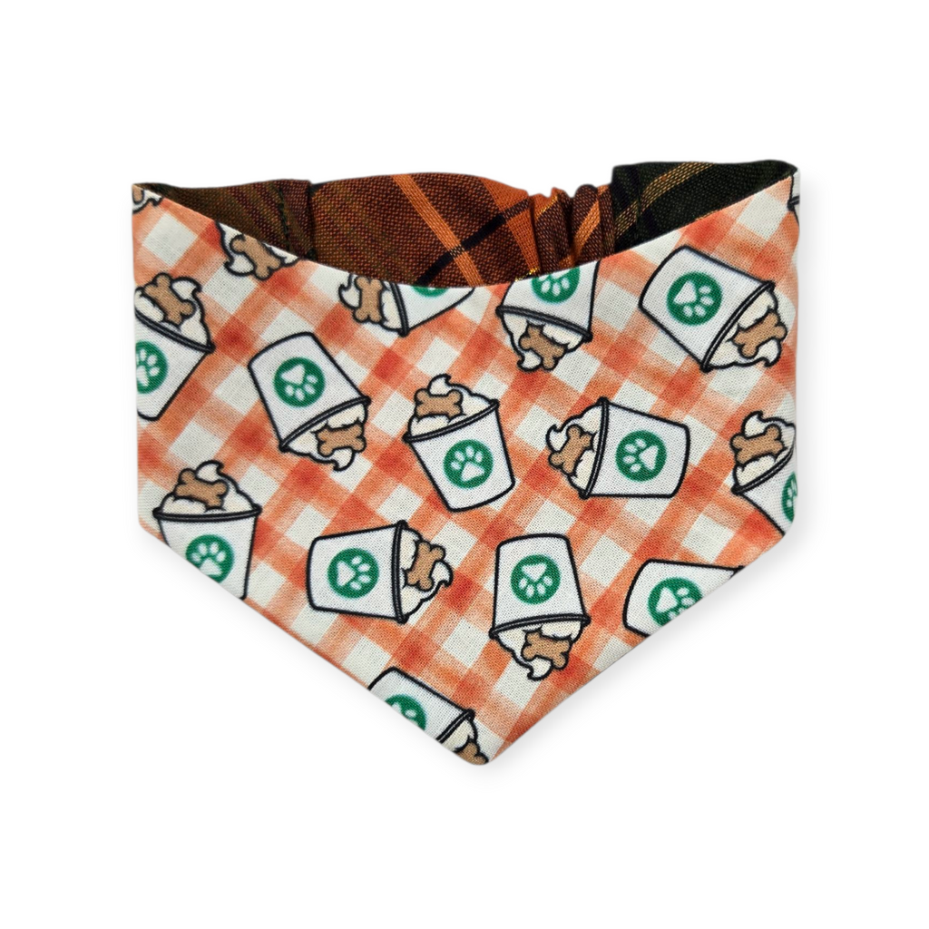 Pumpkin Spice Pup Cup/Green & Orange Plaid Reversible Slip-on Scrunchie Bandana (X-Small)