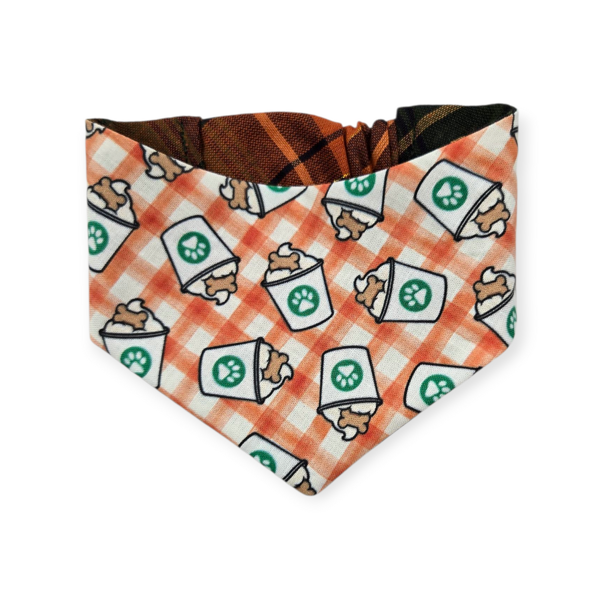 Pumpkin Spice Pup Cup/Green & Orange Plaid Reversible Slip-on Scrunchie Bandana (X-Small)