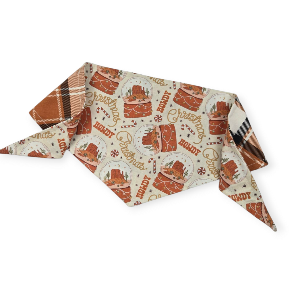 Desert Snow Globe Christmas/Caramel Plaid Tie-on Bandana (Small)