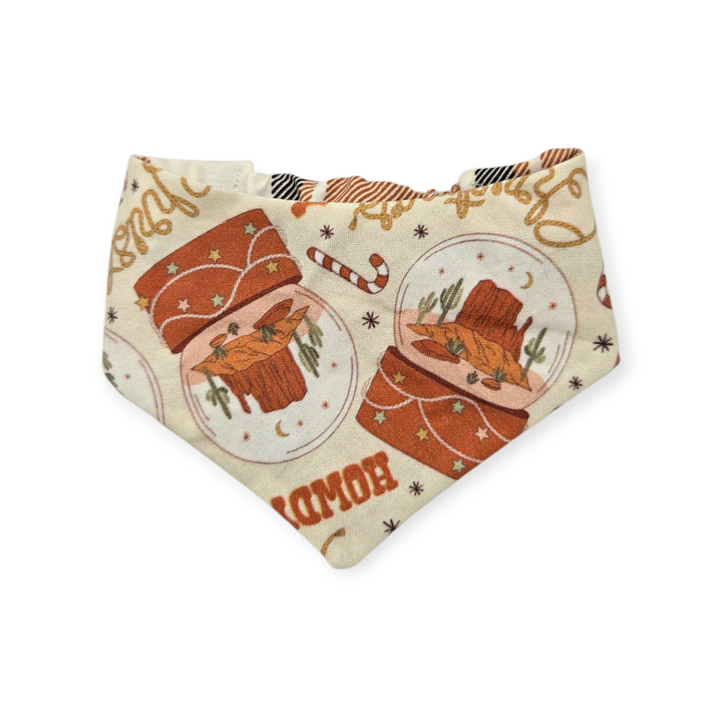 Desert Snow Globe Christmas/Caramel Plaid Reversible Slip-on Scrunchie Bandana (Small)