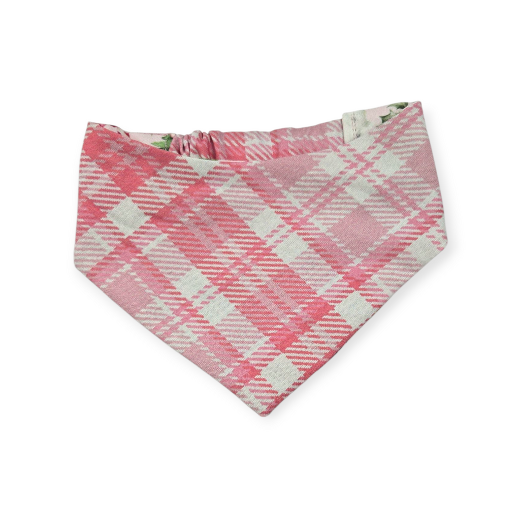 Pink Retro Watercolor Christmas/Pink Plaid Reversible Slip-on Scrunchie Bandana (Small)