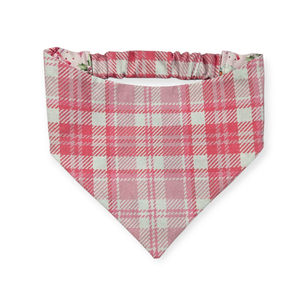 Pink Retro Watercolor Christmas/Pink Plaid Reversible Slip-on Scrunchie Bandana (Medium/Large)