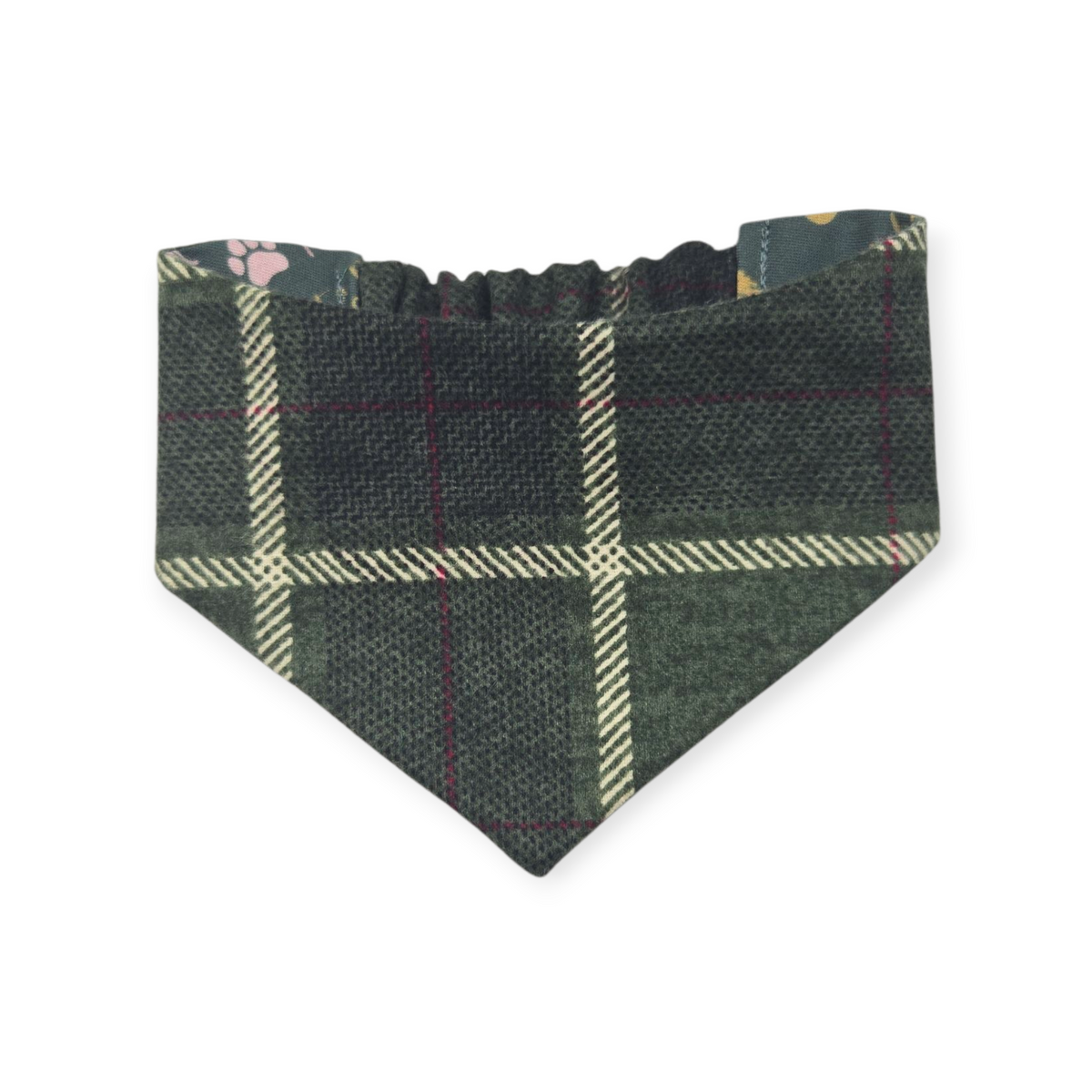 Just a Pup/Dark Green Plaid Reversible Slip-on Scrunchie Bandana (X-Small/Small)