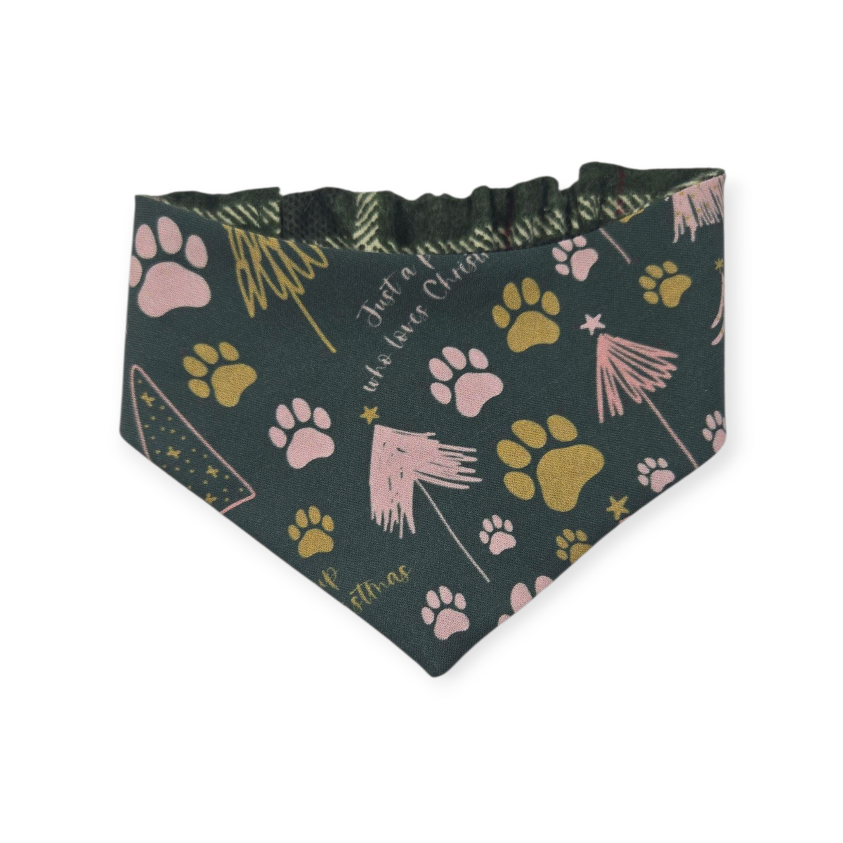 Just a Pup/Dark Green Plaid Reversible Slip-on Scrunchie Bandana (X-Small/Small)
