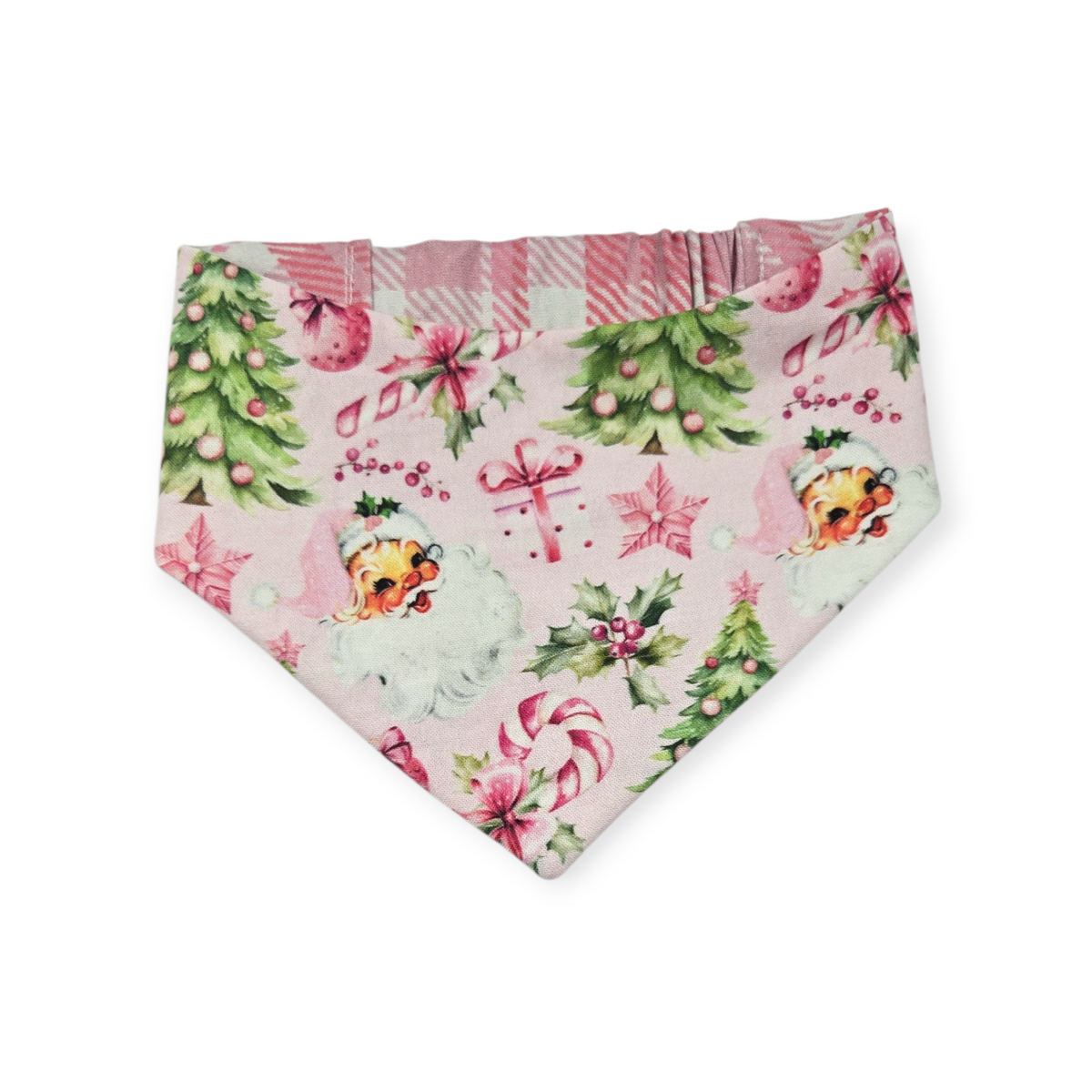 Pink Retro Watercolor Christmas/Pink Plaid Reversible Slip-on Scrunchie Bandana (Small)