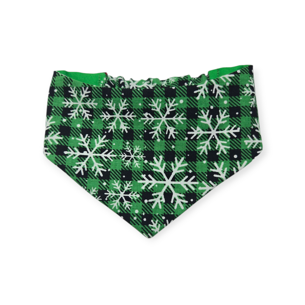 Green Grouchy/Buffalo Plaid Snowflakes Slip-on Scrunchie Bandana (Small/Medium)