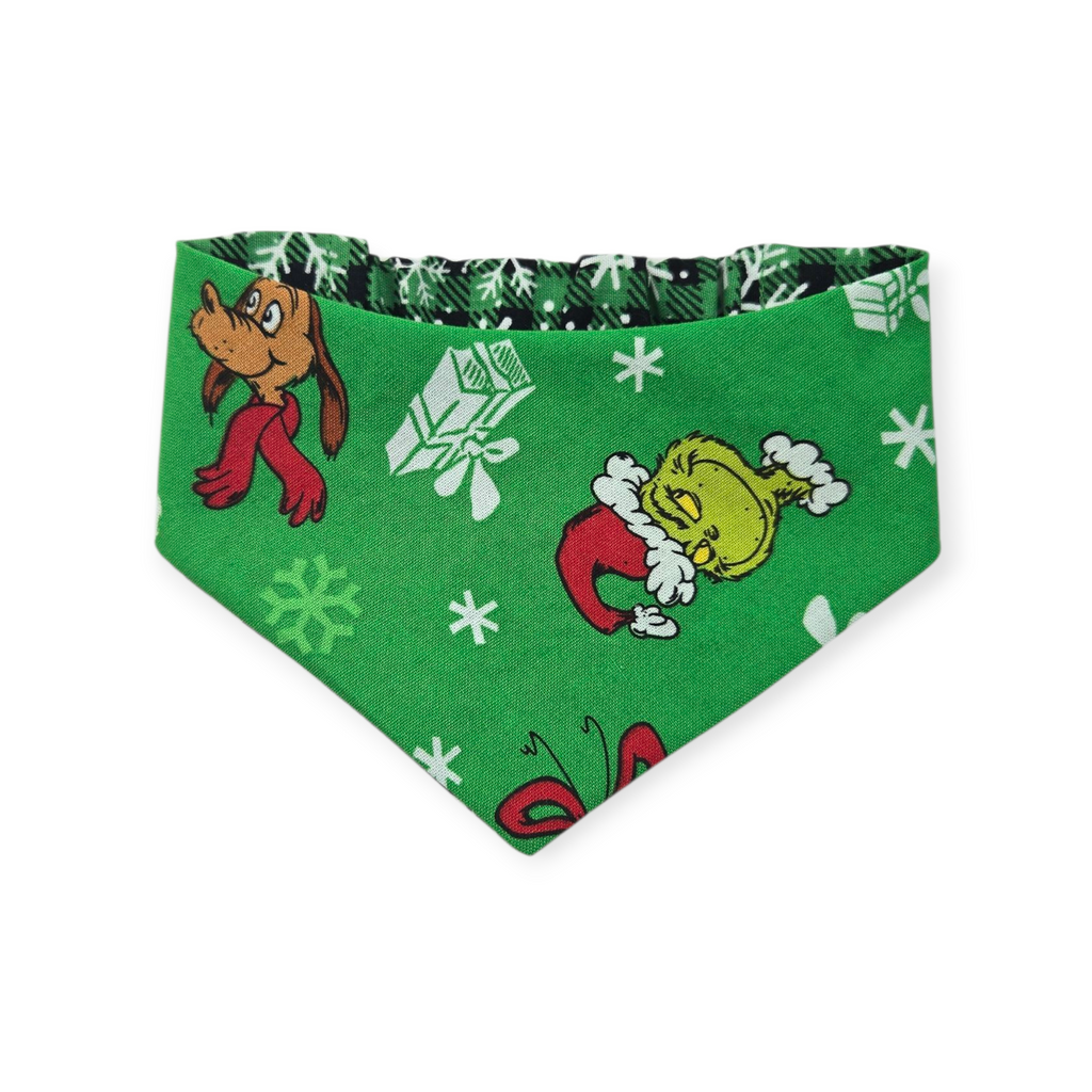 Green Grouchy/Buffalo Plaid Snowflakes Reversible Slip-on Scrunchie Bandana (Small)