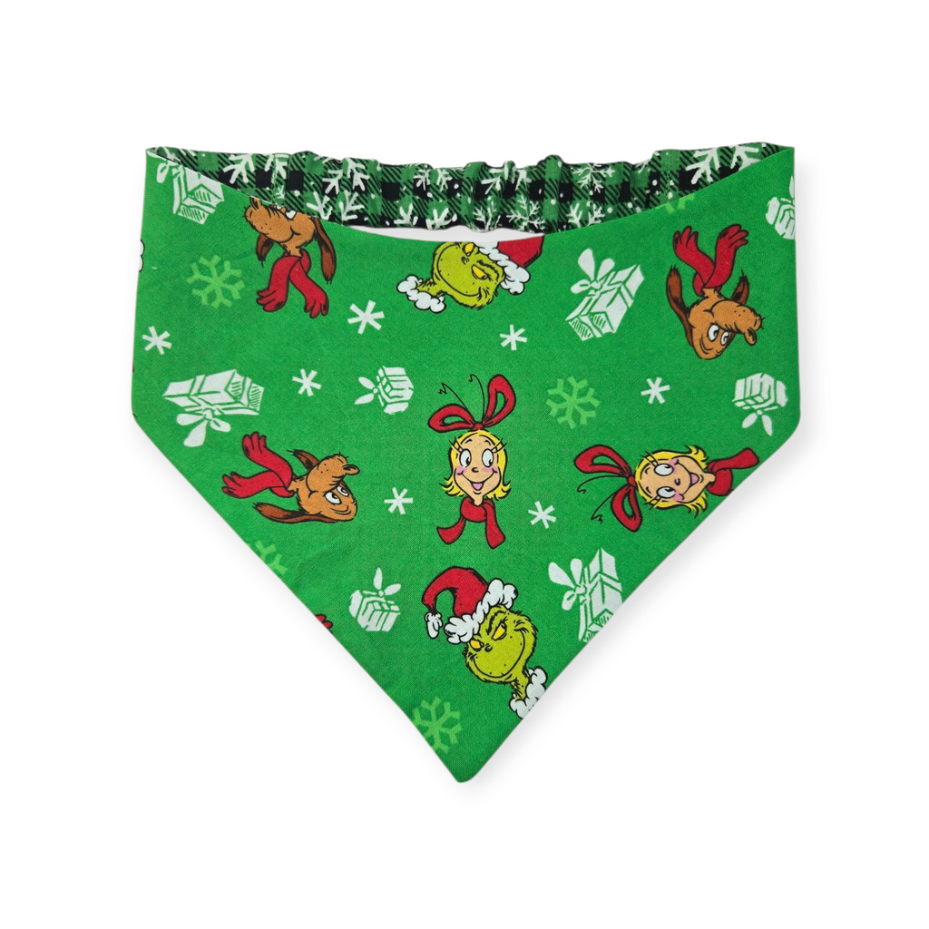 Green Grouchy/Buffalo Plaid Snowflakes Reversible Slip-on Scrunchie Bandana (Medium/Large)