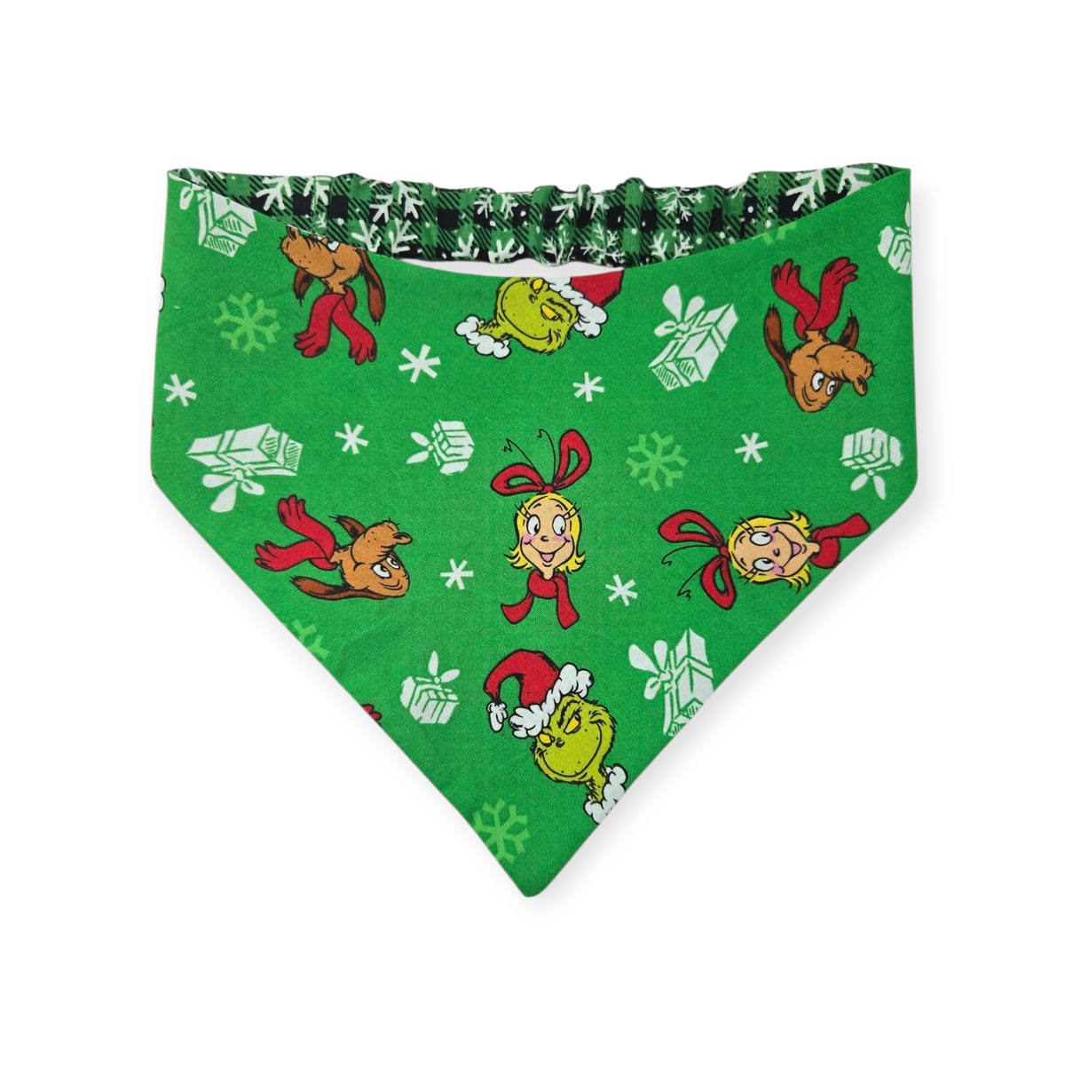 Green Grouchy/Buffalo Plaid Snowflakes Reversible Slip-on Scrunchie Bandana (Medium/Large)