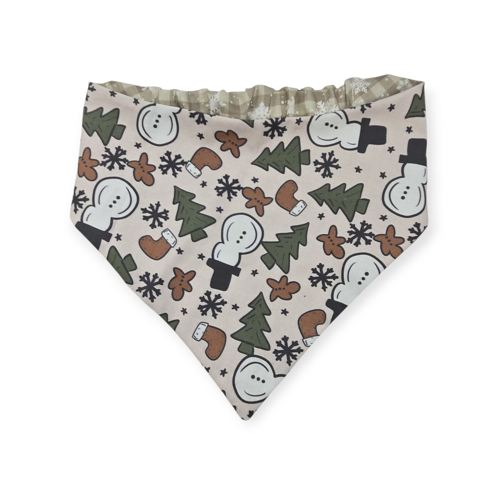 Boho Snowmen/Falling Snowflakes Reversible Slip-on Scrunchie Bandana (Medium/Large)