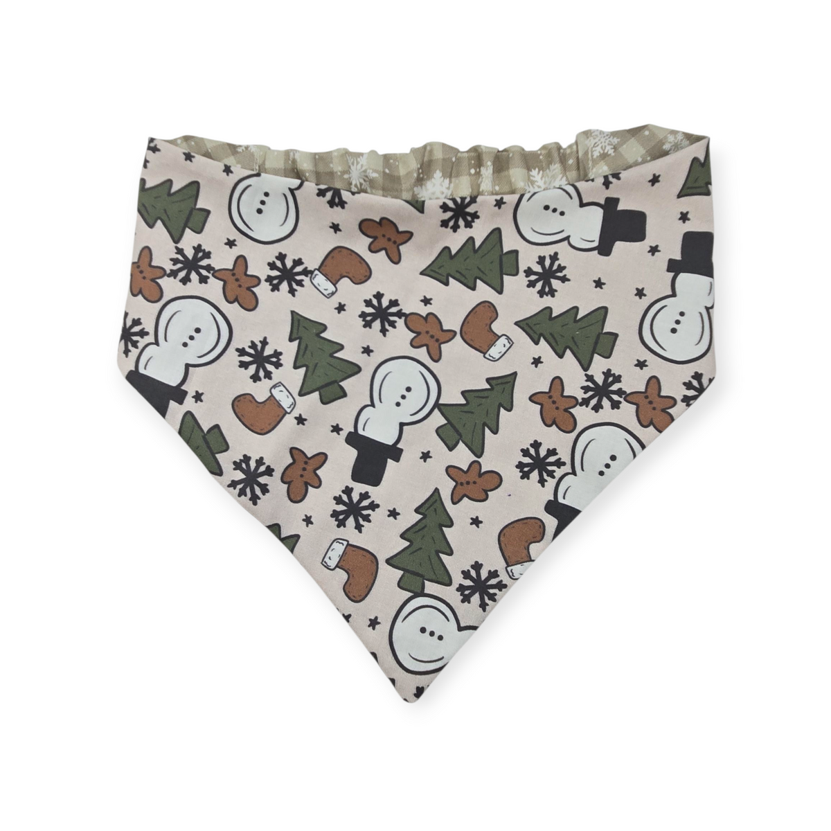 Boho Snowmen/Falling Snowflakes Reversible Slip-on Scrunchie Bandana (Medium/Large)