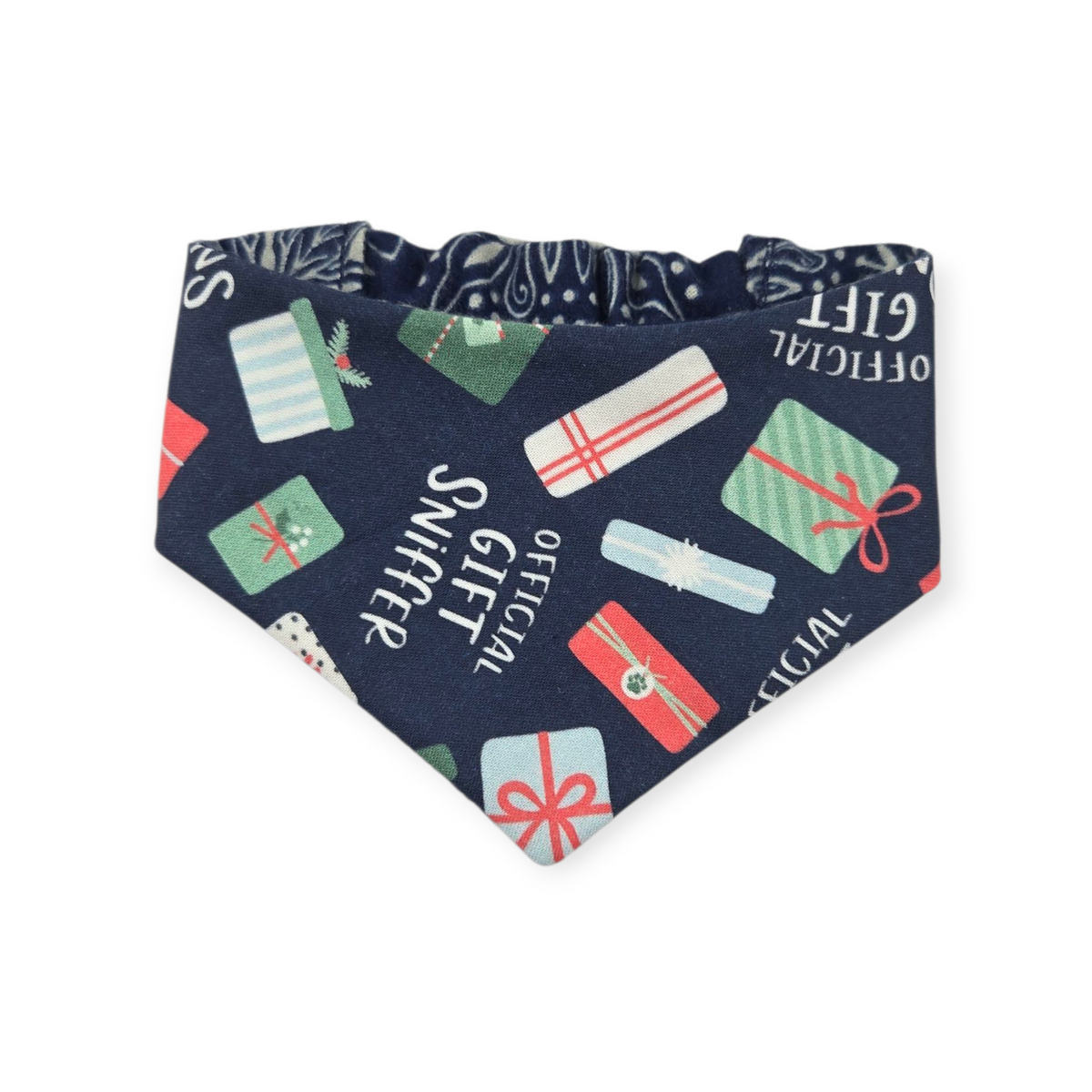 Gift Sniffer/Navy Snowflakes Reversible Slip-on Scrunchie Bandana (Small)