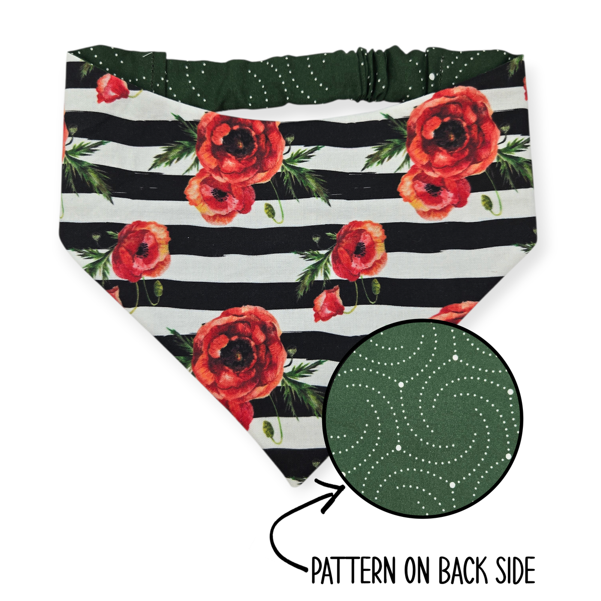 Poppies on Stripes/Dark Olive Swirl Reversible Bandana