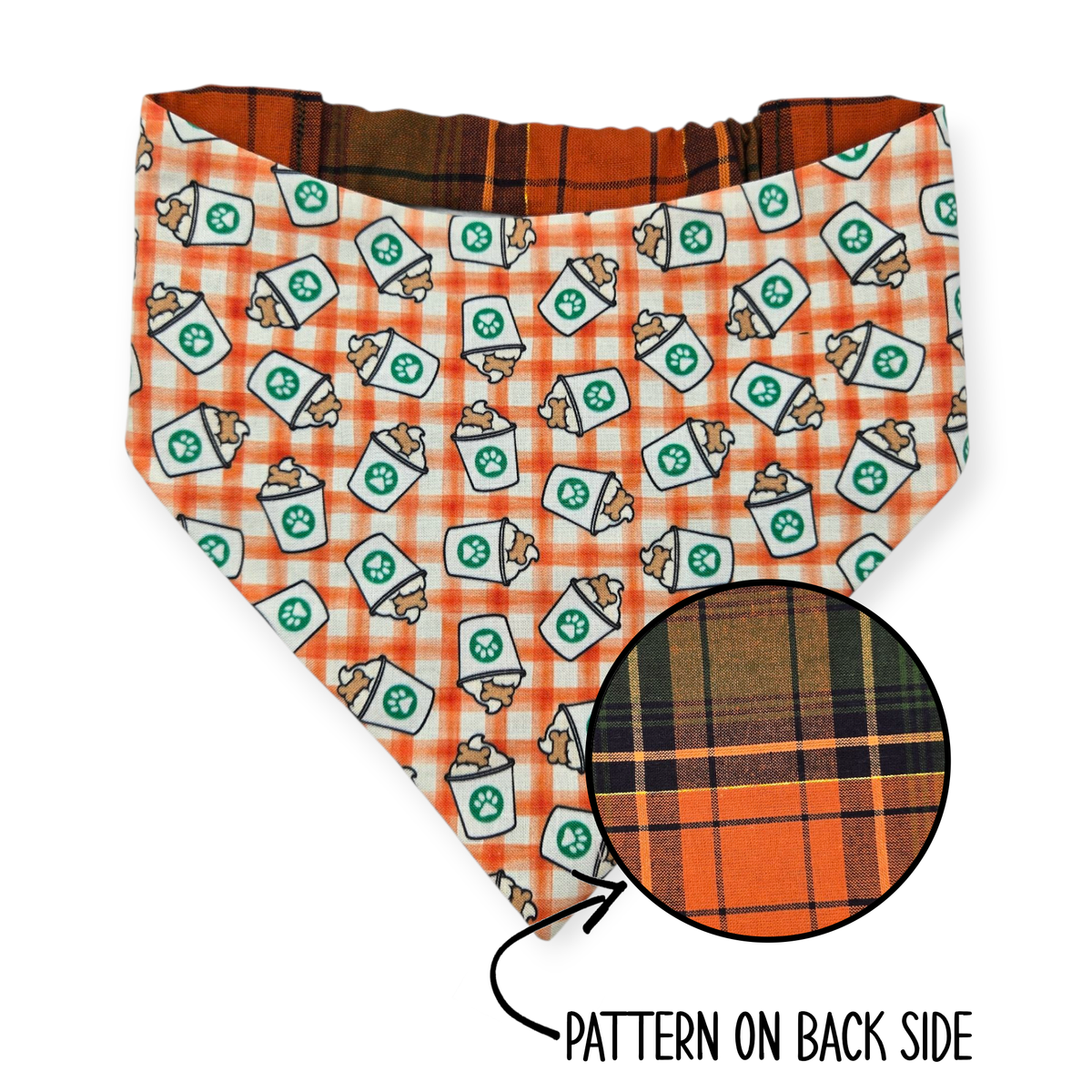 Pumpkin Spice Pup Cup/Green & Orange Plaid Reversible Bandana