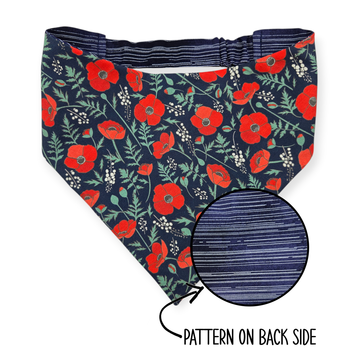 Red Poppies on Midnight Blue/Blue Pinstripe Reversible Bandana
