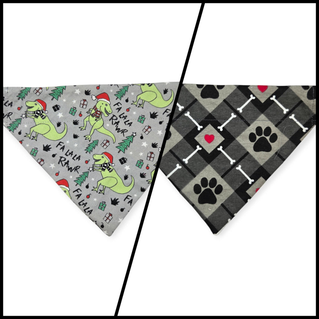 Fa La La RAWR/Gray Paws Plaid Reversible Slide-on Bandana (X-Small)