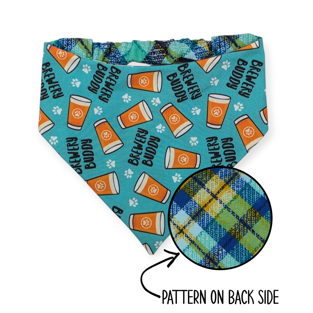 Brewery Buddy/Aqua Diagonal Plaid Reversible Slip-on Scrunchie Bandana (Large/X-Large)