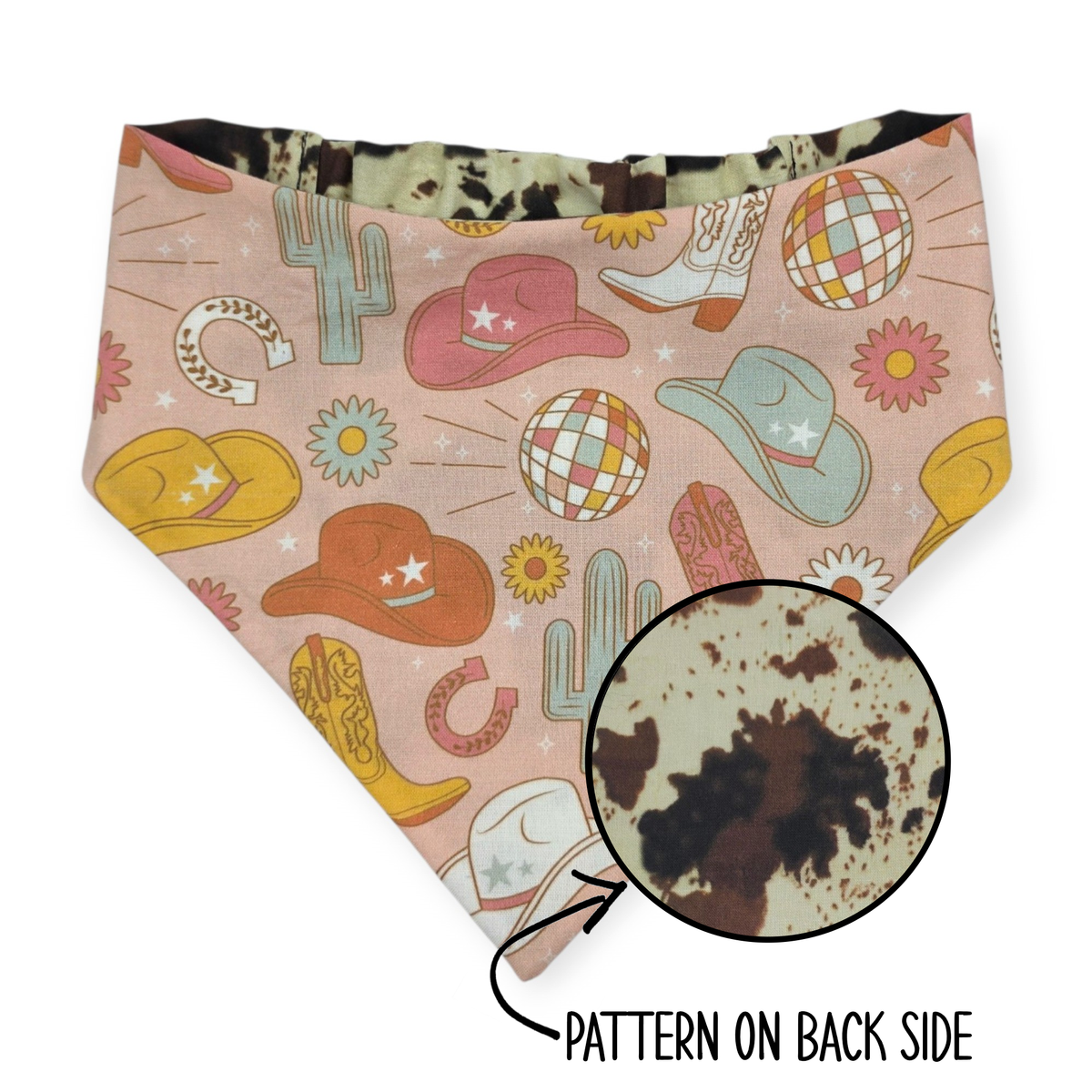 Disco Cowgirl/Brown Cow Spots Reversible Slip-on Scrunchie Bandana (Small)