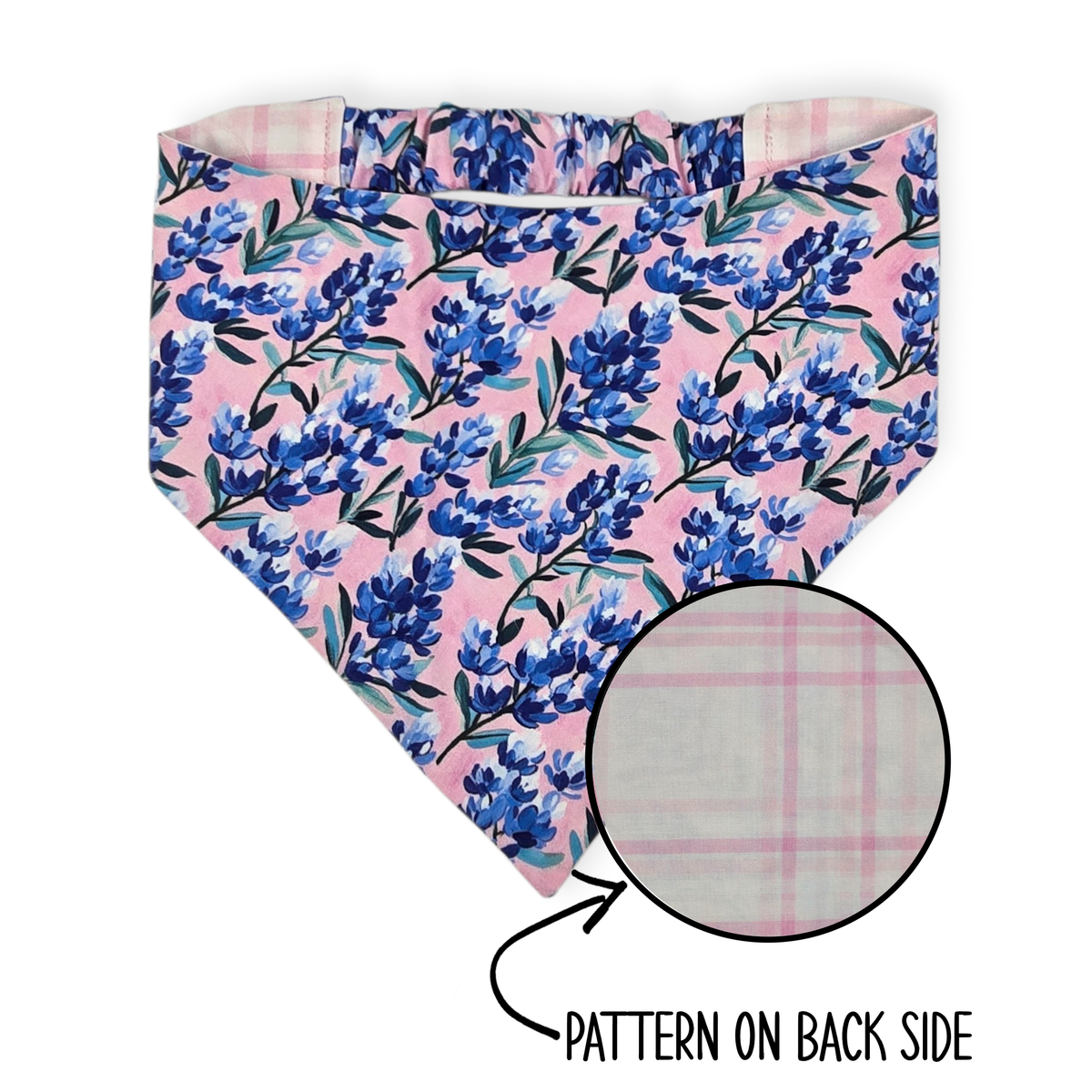 Pink Preppy Bluebonnets/Pink Plaid Reversible Slip-on Scrunchie Bandana (X-Small/Small)