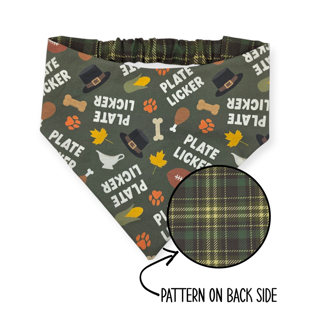 Plate Licker/Olive Green Plaid Reversible Slip-on Scrunchie Bandana