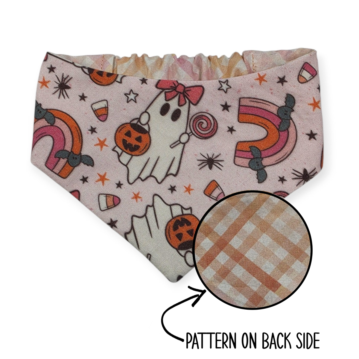 Spooky Cute Ghost/Pink Plaid Reversible Slip-on Scrunchie Bandana (X-Small/Small)